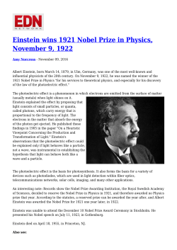 Einstein wins 1921 Nobel Prize in Physics, November 9, 1922