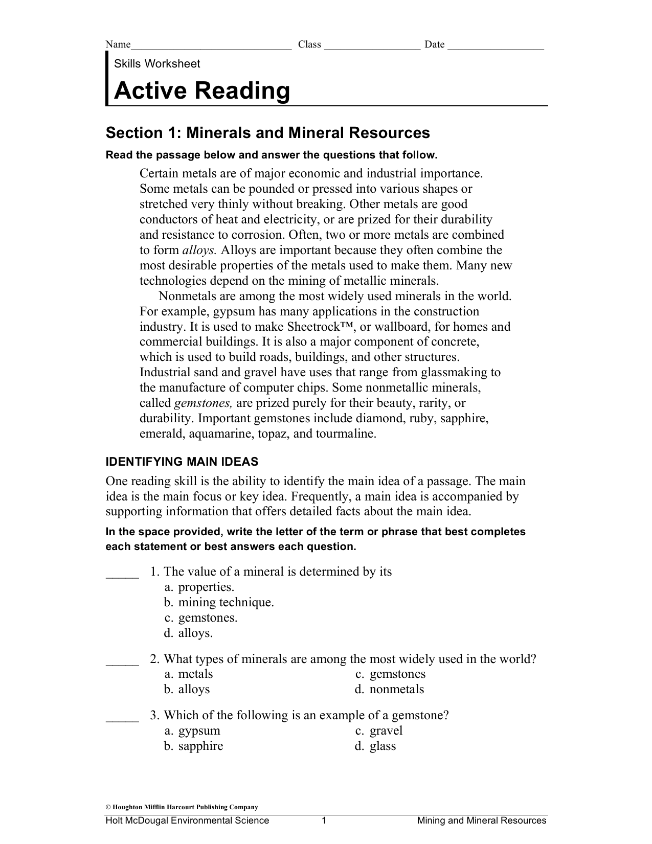 Active Reading Section 22: Minerals and Mineral Resources With Skills Worksheet Active Reading