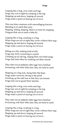 Frogs Leaping like a frog, over rocks and Iogs Frogs stay out of sight