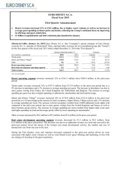 EURO DISNEY S.C.A. Fiscal Year 2015 First Quarter Announcement