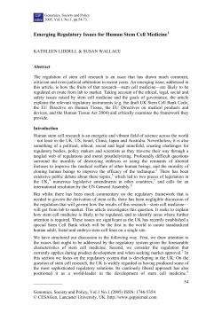 Emerging Regulatory Issues for Human Stem Cell Medicine