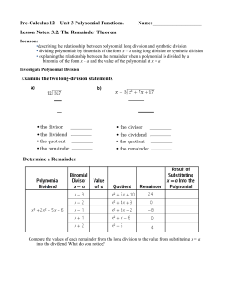 Pre-Calculus 12 Unit 3 Polynomial Functions. Lesson Notes: 3.2