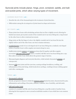 Synovial joints include planar, hinge, pivot, condyloid