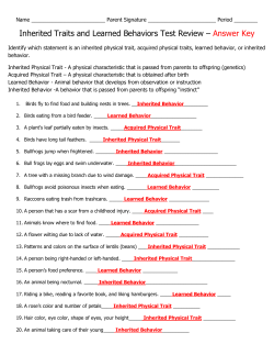 Inherited Traits and Learned Behaviors Test Review &ndash; Answer Key