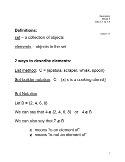 Definitions: set – a collection of objects elements – objects in the set