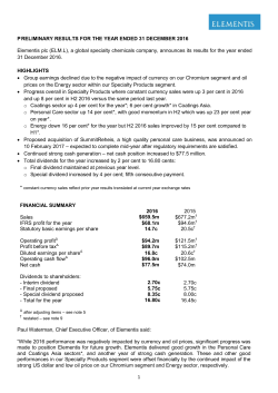 1 PRELIMINARY RESULTS FOR THE YEAR ENDED 31
