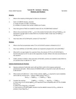 Chem 1010 Tutorials Tutorial 7B – Solutions – Molarity, Dilutions