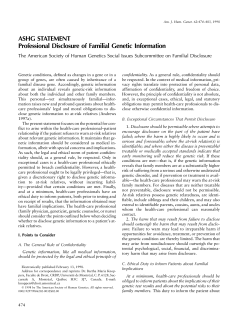 ASHG Statement on Professional Disclosure of Familial Genetic