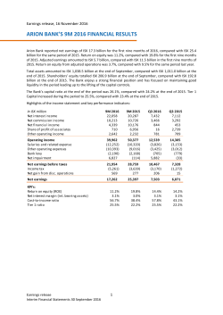 arion bank`s 9m 2016 financial results