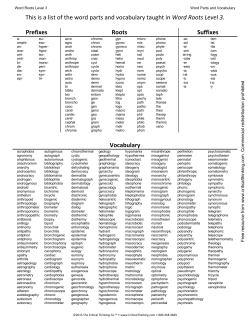 This is a list of the word parts and vocabulary taught in Word Roots
