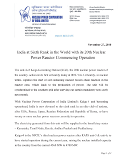 India at Sixth Rank in the World with its 20th Nuclear Power Reactor