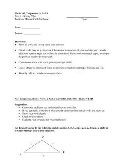 Math 102, Trigonometry PALS Test # 1 Spring 2016 ______