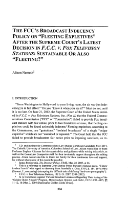 The FCC`s Broadcast Indecency Policy on "Fleeting Expletives" after