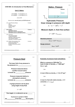 Statics : Pressure Hydrostatic Pressure: linear change in pressure
