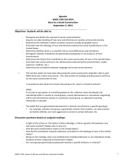 Agenda: AADS 1102 Fall 2015 Race As a Social Construction
