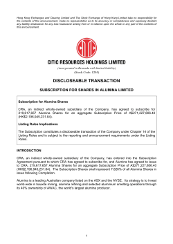 Subscription for shares in Alumina Limited