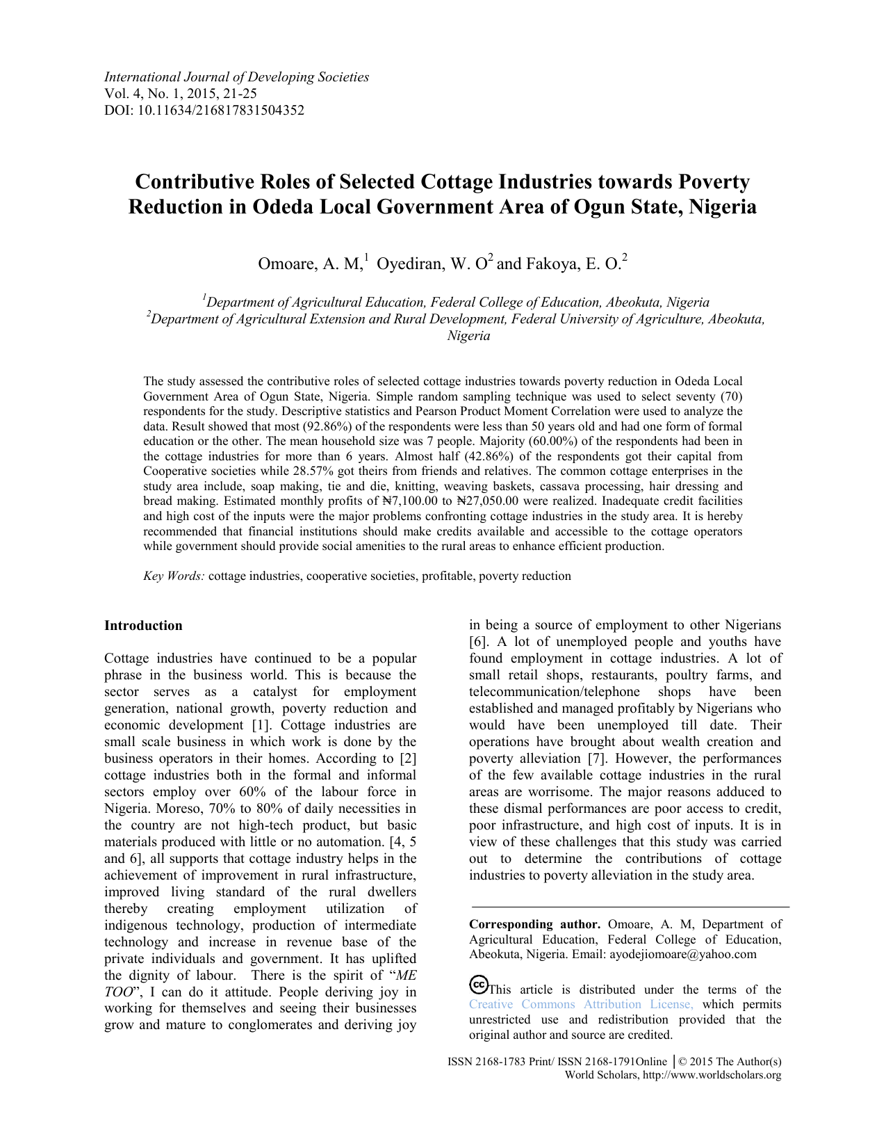 Contributive Roles Of Selected Cottage Industries Towards Poverty