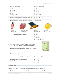 Substitution scenarios 1. If x = 5, evaluate a. 3x b. x + 4 c. 6 &ndash; x d. x