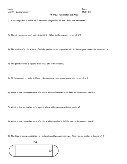 Unit 9 – Measurement Math 8H HW #80: Perimeter and Area 1) A rect