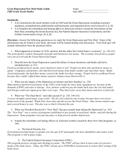 Great Depression/New Deal Study Guide Name Fifth Grade Social