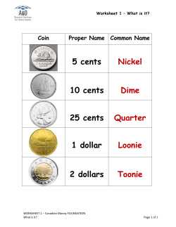 5 cents Nickel 10 cents Dime 25 cents Quarter 1 dollar Loonie 2