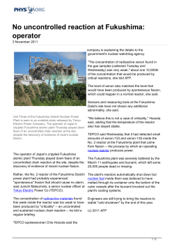 No uncontrolled reaction at Fukushima: operator