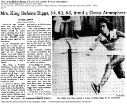 Mrs. King Defeats Riggs, 6-4, 6-3, 6