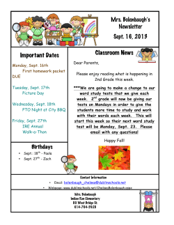 Mrs. Bolenbaugh`s Newsletter Sept. 16, 2013 Classroom News