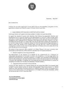 Bucharest, May 2017 Thank you for your letter regarding the