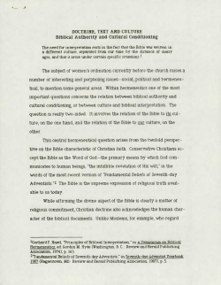 DOCTRINE, TEXT AND CULTURE Biblical Authority and Cultural