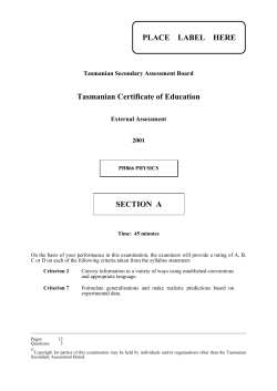 PLACE LABEL HERE Tasmanian Certificate of Education SECTION A