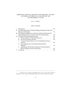 EMBRYONIC STEM CELL RESEARCH AND RELIGION: THE BAN