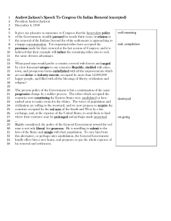 Andrew Jackson`s Speech To Congress On Indian Removal