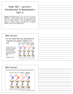 Chem 452 - Lecture 1 Introduction to Biochemistry