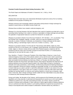 President Franklin Roosevelt`s Bank Holiday Declaration, 1933