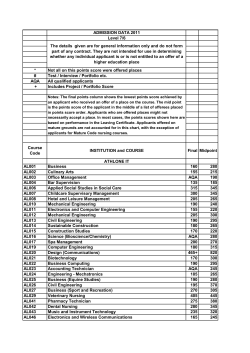 ADMISSION DATA 2011 Level 7/6 * Not all on this points score were