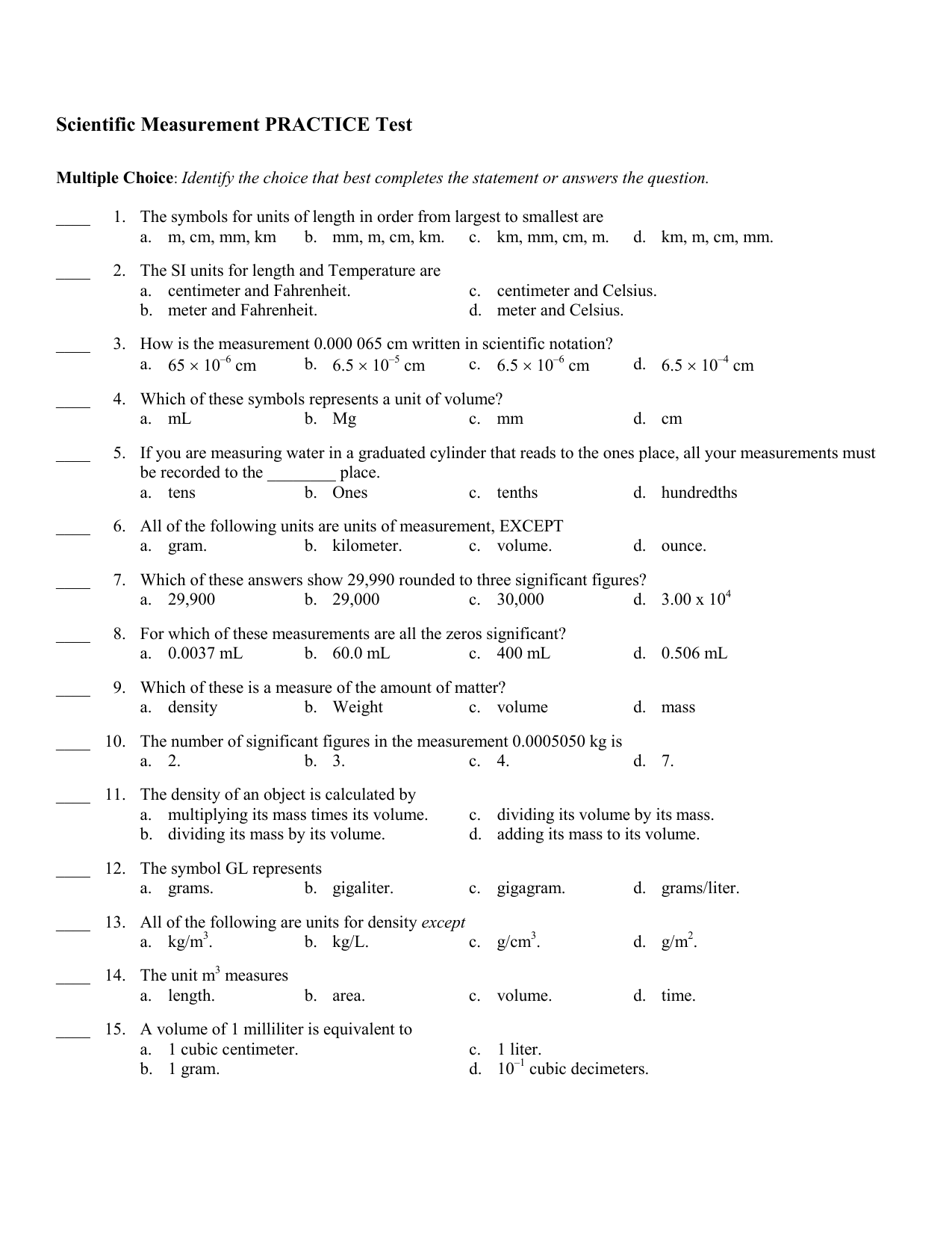 Scientific Measurement Practice Test