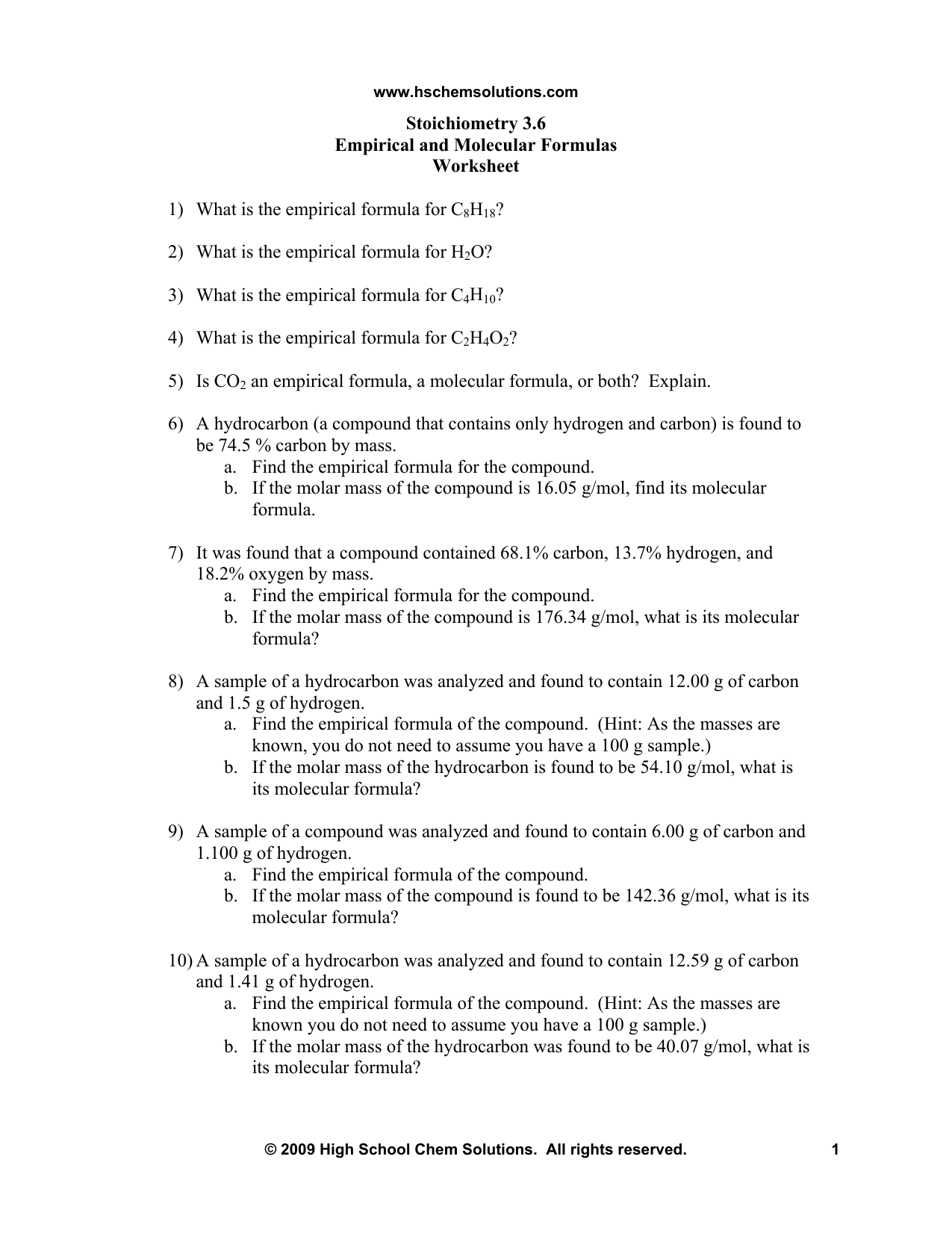 Worksheet - HS Chem Solutions Inside Empirical And Molecular Formulas Worksheet