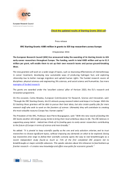 ERC Starting Grants: &euro;485 million in grants to 325 top researchers
