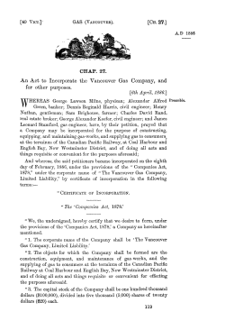 CHAP. 27. An Act to Incorporate the Vancouver Gas Company, and