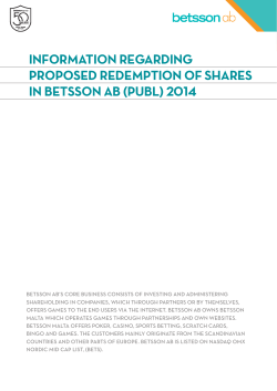 Information regarding proposed redemption of shares in Betsson AB