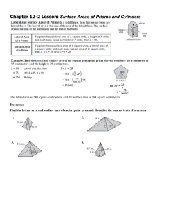Chapter 12-2 Lesson: Surface Areas of Prisms and Cylinders