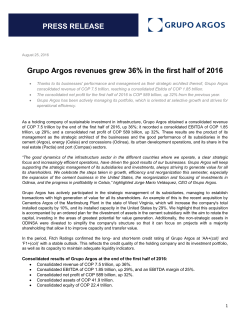 Grupo Argos revenues grew 36% in the first half of 2016