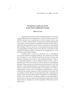 Perspectives on Recent Work on the Oral Traditional Formula
