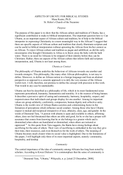 ASPECTS OF UBUNTU FOR BIBLICAL STUDIES Musa Kuene, Ph