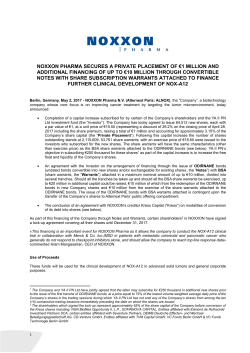 NOXXON PHARMA SECURES A PRIVATE PLACEMENT OF &euro;1