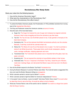Revolutionary War Study Guide Study your notes from the