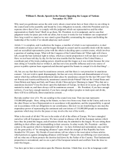 William E. Borah, Speech in the Senate Opposing the League of