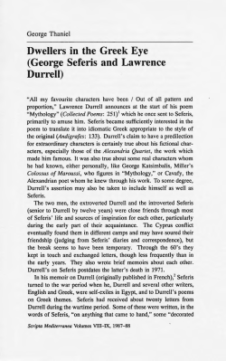 Dwellers in the Greek Eye (George Seferis and Lawrence Durrell)
