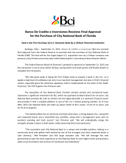 Banco De Credito e Inversiones Receives Final Approval for the